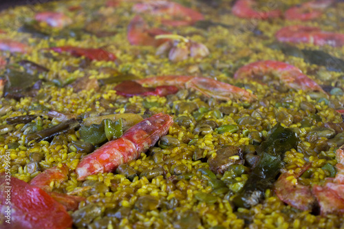 View from above of a Seafood and Vegetable Paella © Cristbal