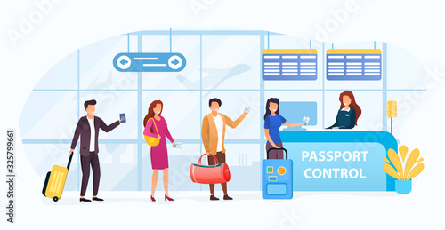 Passengers passing through passport control at an airport prior to departure standing in a queue with their luggage, vector illustration