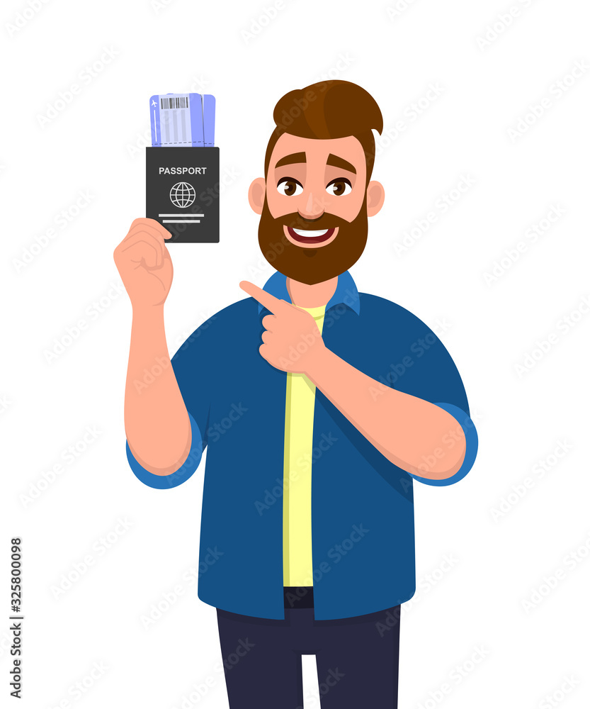 Young hipster man showing passport tickets and pointing finger. Trendy person holding boarding pass. Travel and tourism concept. Male character design illustration. Modern lifestyle in vector cartoon.
