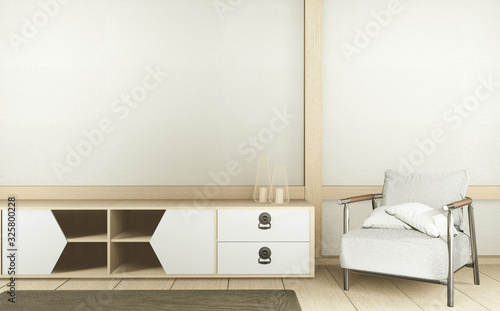 Cabinet TV in white empty interior room Japanese-style  3d rendering