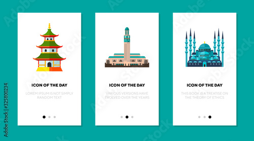 Religion old buildings flat icon set. Muslim, Morocco, temple isolated vector sign pack. Sightseeing and tourism concept. Vector illustration symbol elements for web design and apps