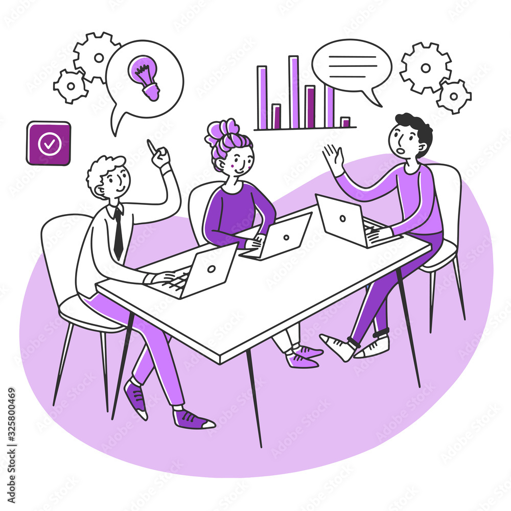Professionals with laptops discussing project in meeting room. Office employees sharing ideas for project. Vector illustration for brainstorming, corporate discussion, startup concept