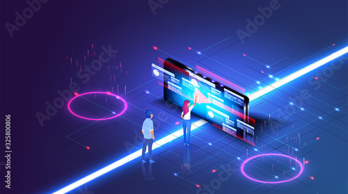 Modern isometric design concept of Online Education for website in modern blue style. Data information blocks, projected hi tech data, technology. People look at the screen and using cloud technology