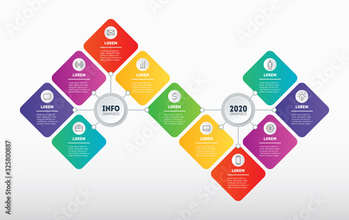 Gradual development of business. Presentation or info graphics with 11 steps. Template of Infographic for technological or education process with eleven options. Plan for overcoming the crisis.