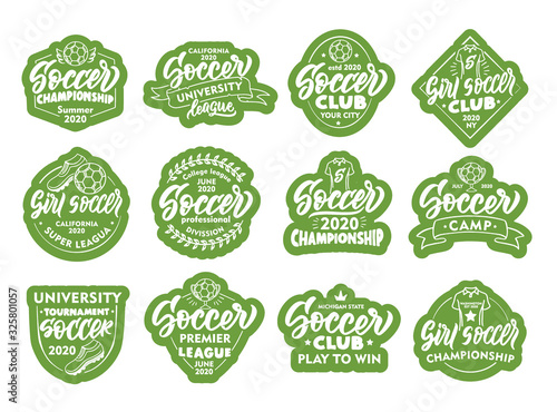 Set of Soccer stickers, patches. Green badges, emblems, stamps on white background.