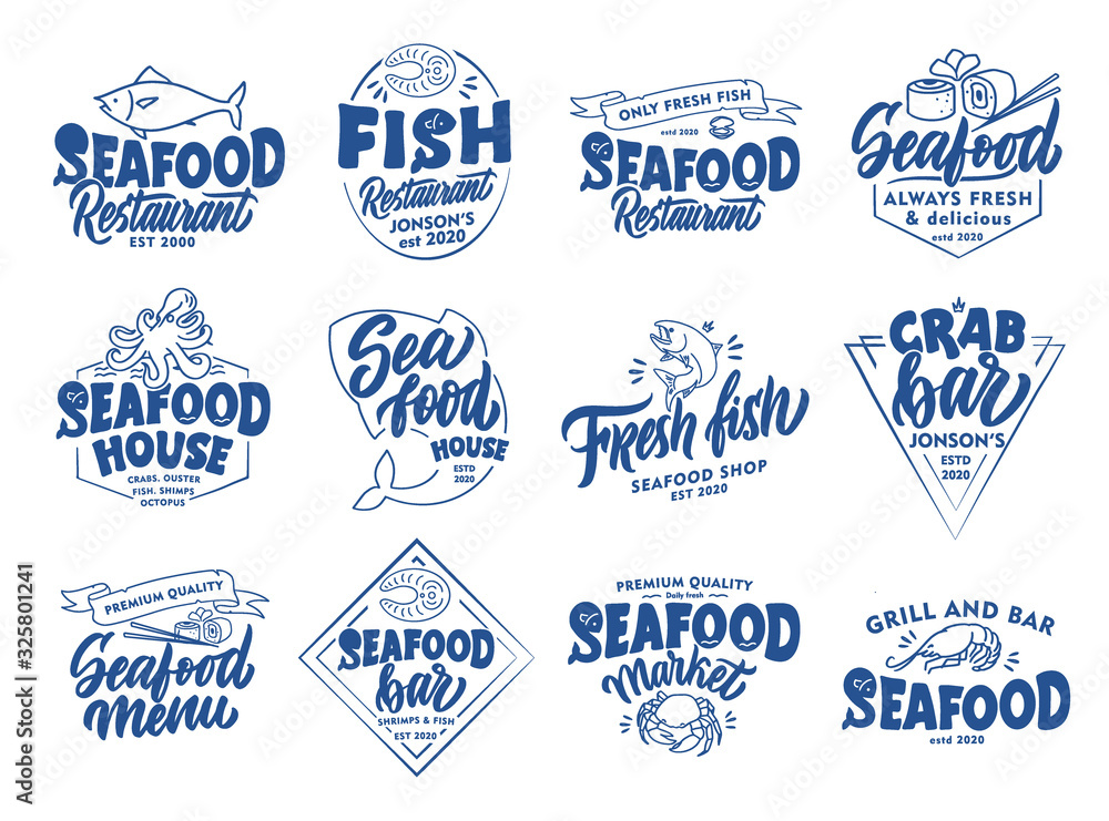 Set of vintage Seafood emblems and stamps. Fish bar badges, stickers on