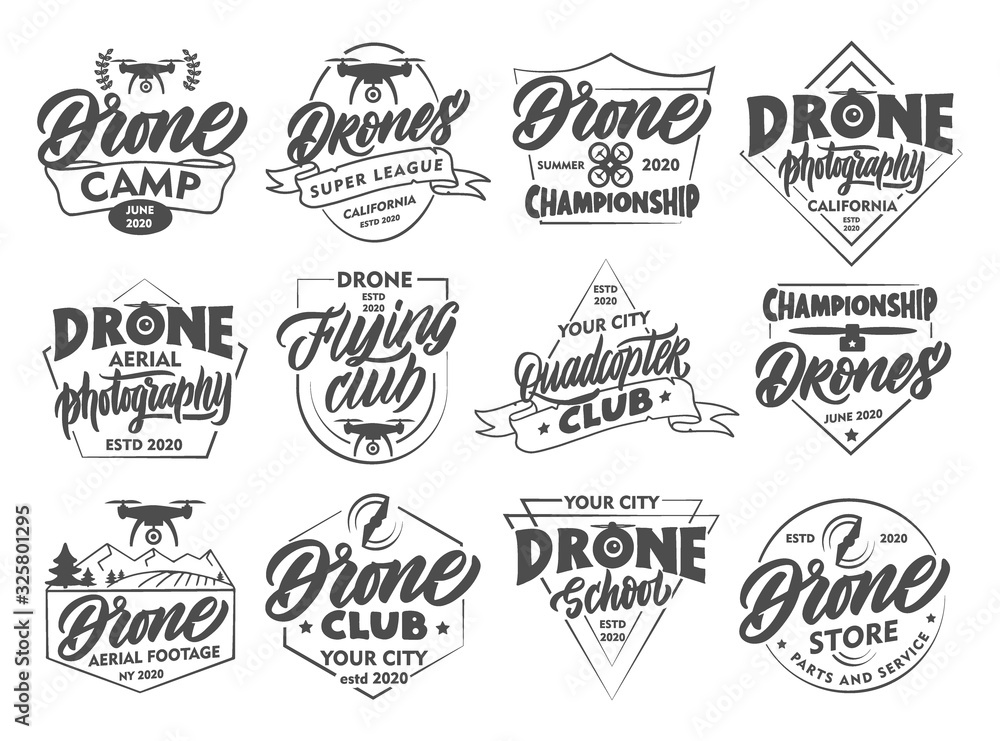 Set of vintage Drone emblems and stamps. Flying club badges, stickers on white background isolated.