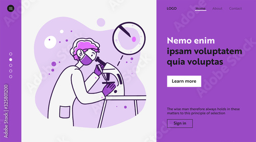 Lab worker doing research. Scientist using microscope, studying microbe or virus flat vector illustration. Laboratory, chemistry, medical test concept for banner, website design or landing web page