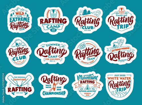 Set of Rafting stickers, patches. Colorful badges, emblems, stamps for club on blue background.