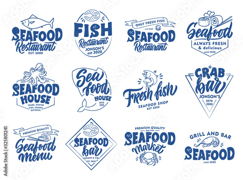 Set of vintage Seafood emblems and stamps. Fish bar badges, stickers on white background isolated.
