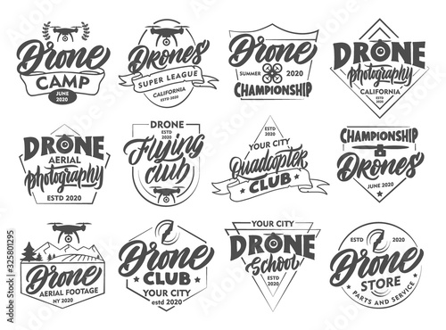 Set of vintage Drone emblems and stamps. Flying club badges, stickers on white background isolated. © Olesia