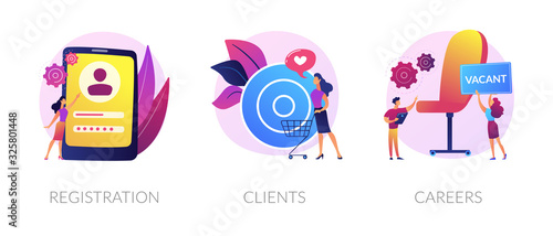Internet shop interface cliparts set. Open vacancy, employees hiring. Sign up, online store customer order. Registration, clients, careers metaphors. Vector isolated concept metaphor illustrations