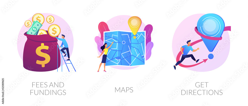 GPS navigation service application. Business investment and money savings cliparts set. Fees and funding, maps, get directions metaphors. Vector isolated concept metaphor illustrations