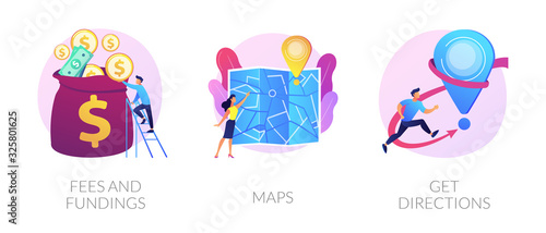 GPS navigation service application. Business investment and money savings cliparts set. Fees and funding, maps, get directions metaphors. Vector isolated concept metaphor illustrations