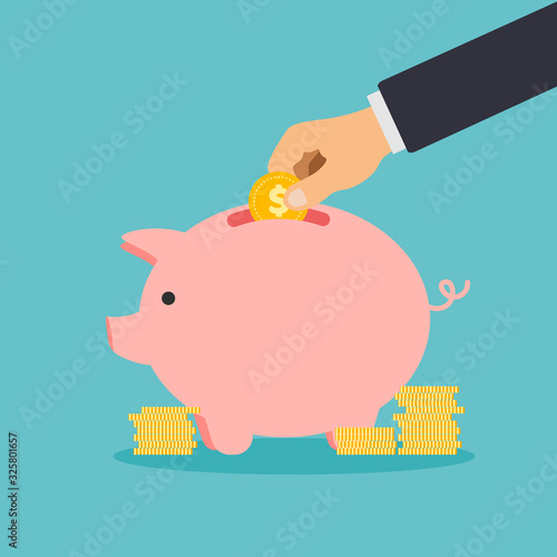 Hand puts coins in a piggy bank. Flat design vector illustration.