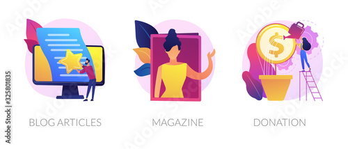 Internet vlogging and copywriting web banners set. Print media. Money investment, business funding. Blog articles, press, donation metaphors. Vector isolated concept metaphor illustrations