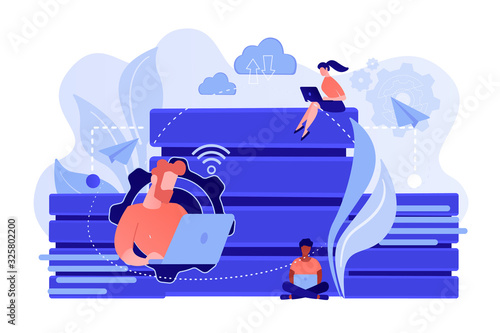 Users with laptops working with database. Data storage and organization, information access and management, big data protection concept. Vector isolated illustration.