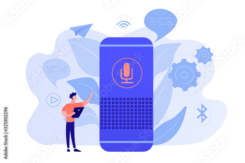 User with voice controlled smart speaker or voice assistant. Voice activated digital assistants, home automation hub, internet of things concept. Vector isolated illustration.