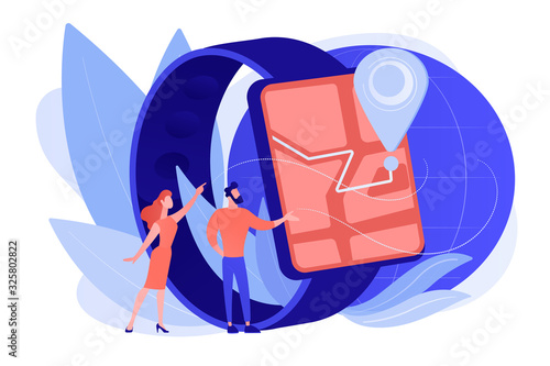 Users looking at smartwatch with GPS navigation pin. Smartwatch navigation, outdoor GPS watch and smart GPS tracker concept on white background. Pinkish coral bluevector isolated illustration