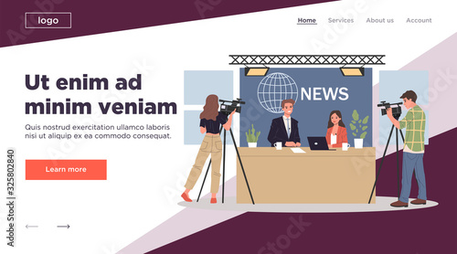 Couple of news anchors. Cameramen, presenters on breaking news background flat vector illustration. TV show, channel, broadcasting concept for banner, website design or landing web page