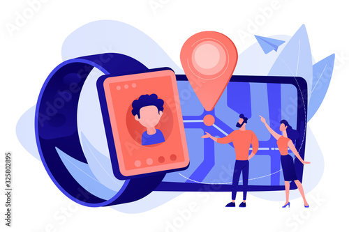 Parents looking at child location on tablet and GPS traking watch. GPS kids tracker, kids tracking and parental control concept on white background. Pinkish coral bluevector isolated illustration
