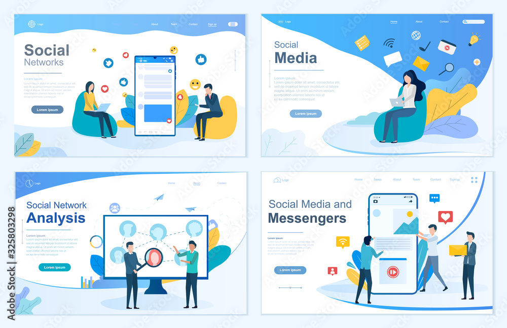 Set of four Network web templates depicting people using digital devices and apps for Social Network, Media, Analysis and Messengers with text copy space, colored vector illustrations Set of four Network web templates depicting people using digital devices and apps for Social Network, Media, Analysis and Messengers with text copy space, colored vector illustrations
