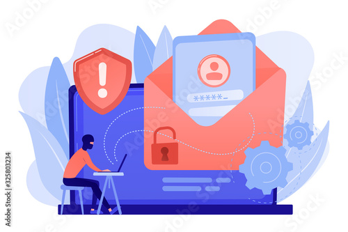 Computer pirate hacker create software designed to cause damage to a computer, server or computer network. Malware, computer virus, spyware concept. Pinkish coral bluevector isolated illustration