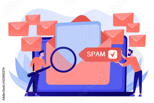 Businessmen get advertising, phishing, spreading malware irrelevant unsolicited spam message. Spam, unsolicited messages, malware spreading concept. Pinkish coral bluevector isolated illustration photo