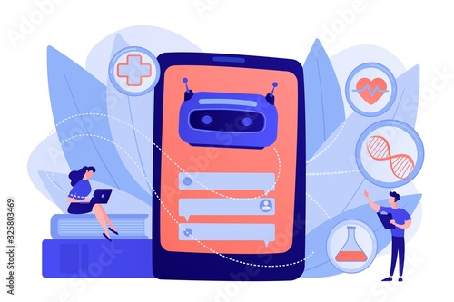 Medical chatbot gives healthcare consultation to patient. Chatbot healthcare use, artificial intelligence caregiver, anonymous consultation concept. Pinkish coral bluevector isolated illustration