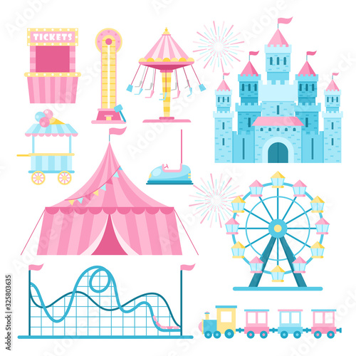Amusement park attractions flat vector illustrations set. Cartoon ferris wheel, roller coaster and tickets booth. Fairground, funfair design elements pack. Circus tent, high striker, ice cream kiosk.