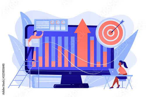 Business intelligence experts transform data into useful information. Business intelligence, business analysis, IT management tools concept. Pinkish coral bluevector isolated illustration