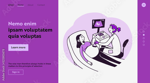 Pregnant woman visiting doctor. Ultrasound pregnancy screening flat vector illustration. Gynecologist, expecting, technology concept for banner, website design or landing web page