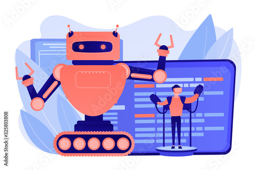 Engineer controlling big robot with remote technology. Remotely operated robots, robot control system, manipulation robotic system concept. Pinkish coral bluevector isolated illustration
