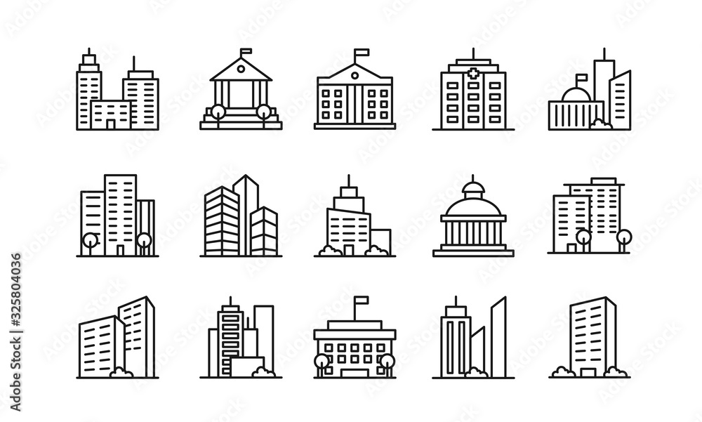 Big city buildings linear icons set. Urban architecture. State institutions, religious and cultural monuments. Educational centres and residential buildings pack isolated on white background.