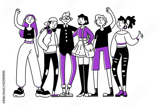 Teen friend team. Group of teenage girls and guys standing together, waving, hugging flat vector illustration. Youth, friendship, community concept for banner, website design or landing web page