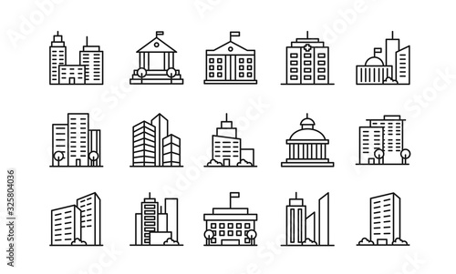 Fényképezés Big city buildings linear icons set