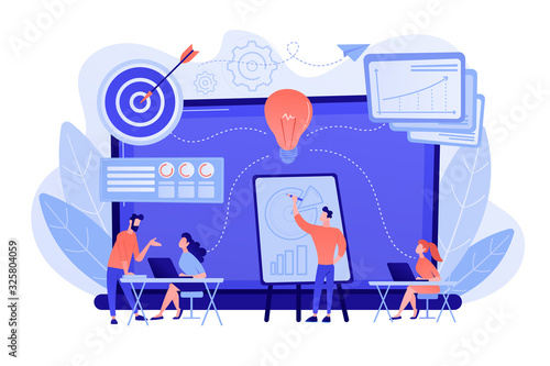Company providing management training and office space. Business incubator, business training programs, shared administrative service concept. Pinkish coral bluevector isolated illustration