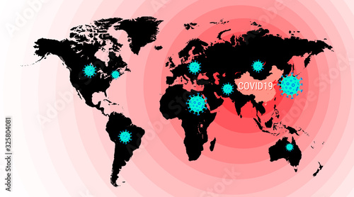 MERS-Cov (middle East respiratory syndrome coronavirus), Novel coronavirus COVID-19. Map of China on world map. Spread of the virus on the planet. Vector illustration