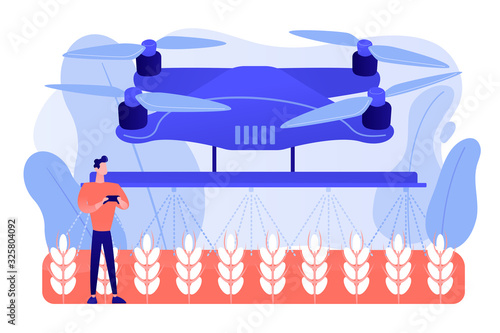 Smart farmer controlling agriculture drone spraying or watering crops. Agriculture drone use, precision farming, new agriculture trend concept. Pinkish coral bluevector isolated illustration