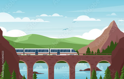 Speed train on stone bridge flat vector illustration. Modern railroad vehicle on scenic background. Beautiful landscape with contemporary public transport, green hills and mountains. Railway travel.