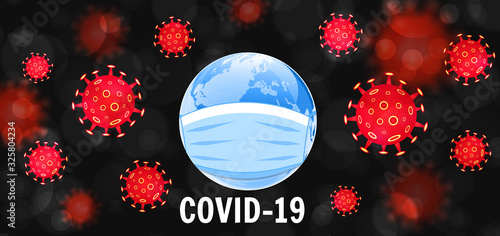Coronavirus COVID-19 concept. Earth in a medical mask. Dangerous chinese nCoV coronavirus outbreak. Pandemic medical concept with dangerous cells. Vector illustration