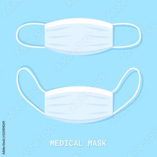 Medical shielding bandage on blue background. Surgical mask to cover the mouth and nose. Protection concept. Vector illustration
