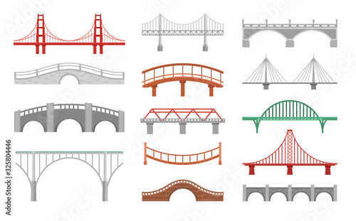 Different bridges flat vector illustrations set. Various bridgeworks isolated on white background. Big urban and small wooden bridges pack. Huge city landmarks and simple passages collection.