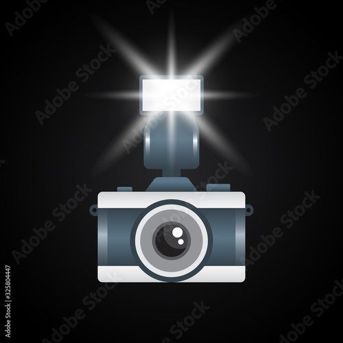 flashing photo camera flat vector. photography equipment illustration,
