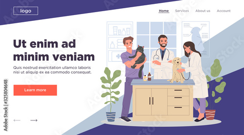 Veterinary office vector illustration. Happy friendly pets doctors examining cat and dog. Veterinarian specialists in clinic interior for domestic animals concept