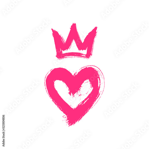 Hand drawn in ink heart and crown. Grunge style vector sketch, illustration. Graffiti logo painted with rough brush strokes.