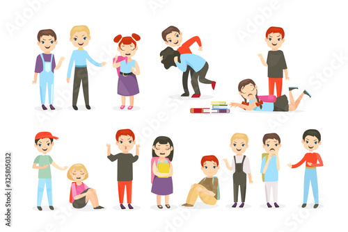 School bullying flat vector illustrations set. Physical and psychological abuse, classroom conflicts. Fighting children, teasing pupils cartoon characters collection isolated on white background.