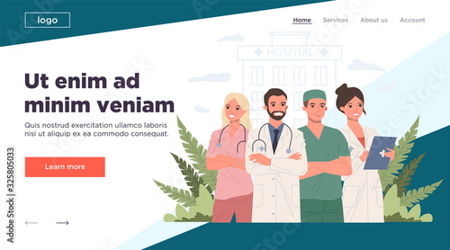Hospital doctor staff. Physician, practitioner with stethoscope, surgeon flat vector illustration. Healthcare, medicine, clinic, occupation concept for banner, website design or landing web page