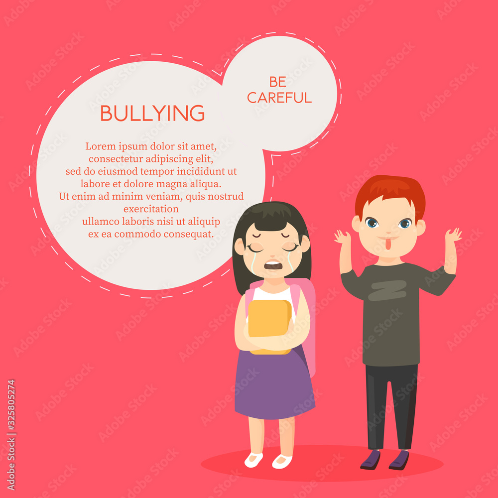 Bullying vector banner template with text space. Psychological abuse, school conflict flat illustration. Schoolchildren, teasing boy and crying girl cartoon characters isolated on pink background. Bullying vector banner template with text space. Psychological abuse, school conflict flat illustration. Schoolchildren, teasing boy and crying girl cartoon characters isolated on pink background.