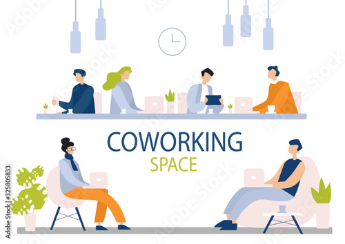 Coworking space flat vector illustration. Office, workplace, teamwork and cooperation. Colleagues, coworkers, office managers working together faceless characters isolated on white background.